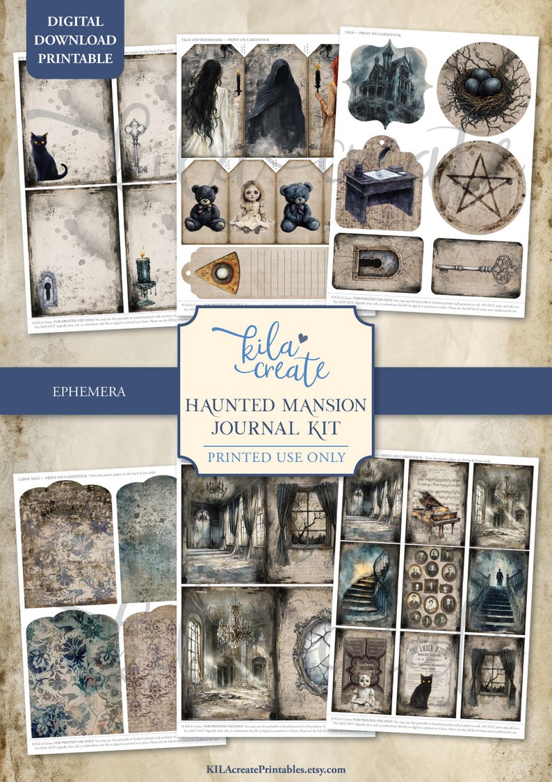 May include: Digital printable ephemera kit featuring a haunted mansion theme. Includes tags, journal pages, and illustrations of a mansion, black cat, and other gothic elements. The kit is designed for printed use.