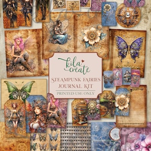 Könnte beinhalten: Ein digitaler druckbarer Journal-Kit mit Steampunk-Feen, Schmetterlingen, Zahnrädern und Blumen. Das Kit enthält eine Vielzahl von Bildern, darunter eine Fee, die auf einem Zahnrad sitzt, ein Schmetterling mit Zahnrädern an seinen Flügeln und eine Blume mit Zahnrädern in ihren Blütenblättern. Das Kit ist perfekt für Scrapbooking, Kartenherstellung und andere Bastelprojekte.