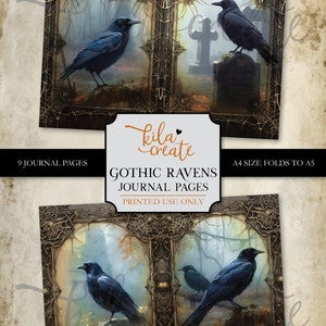 May include: Nine printable journal pages featuring gothic ravens in a dark forest setting. The pages are designed to be printed on A4 paper and folded to A5 size. The pages are for personal use only.