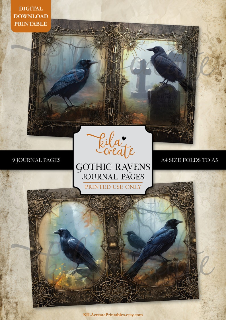 May include: Nine printable journal pages featuring gothic ravens in a dark forest setting. The pages are designed to be printed on A4 paper and folded to A5 size. The pages are for personal use only.