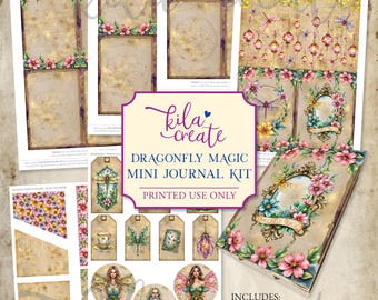Dragonfly Magic Mini Journal Kit, Dragonfly Ephemera, Magical Junk Journal, Flowers, Digital Download, Printable Journal Kit, KILA Create
