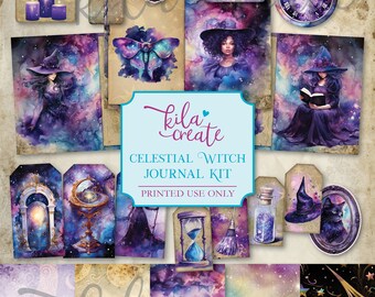 Celestial Witch Journal Kit, Witches, Magical Junk Journal, Galaxy, Sun, Moon, Stars, Digital Download, Printable Journal Kit, KILA Create