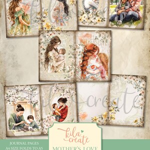 Peut inclure: Kit de journal num&eacute;rique imprimable avec des illustrations &agrave; l'aquarelle de m&egrave;res et d'enfants. Le kit comprend divers motifs avec des accents floraux et le texte "Mother's Love". Les pages du journal se plient de A4 &agrave; A5.