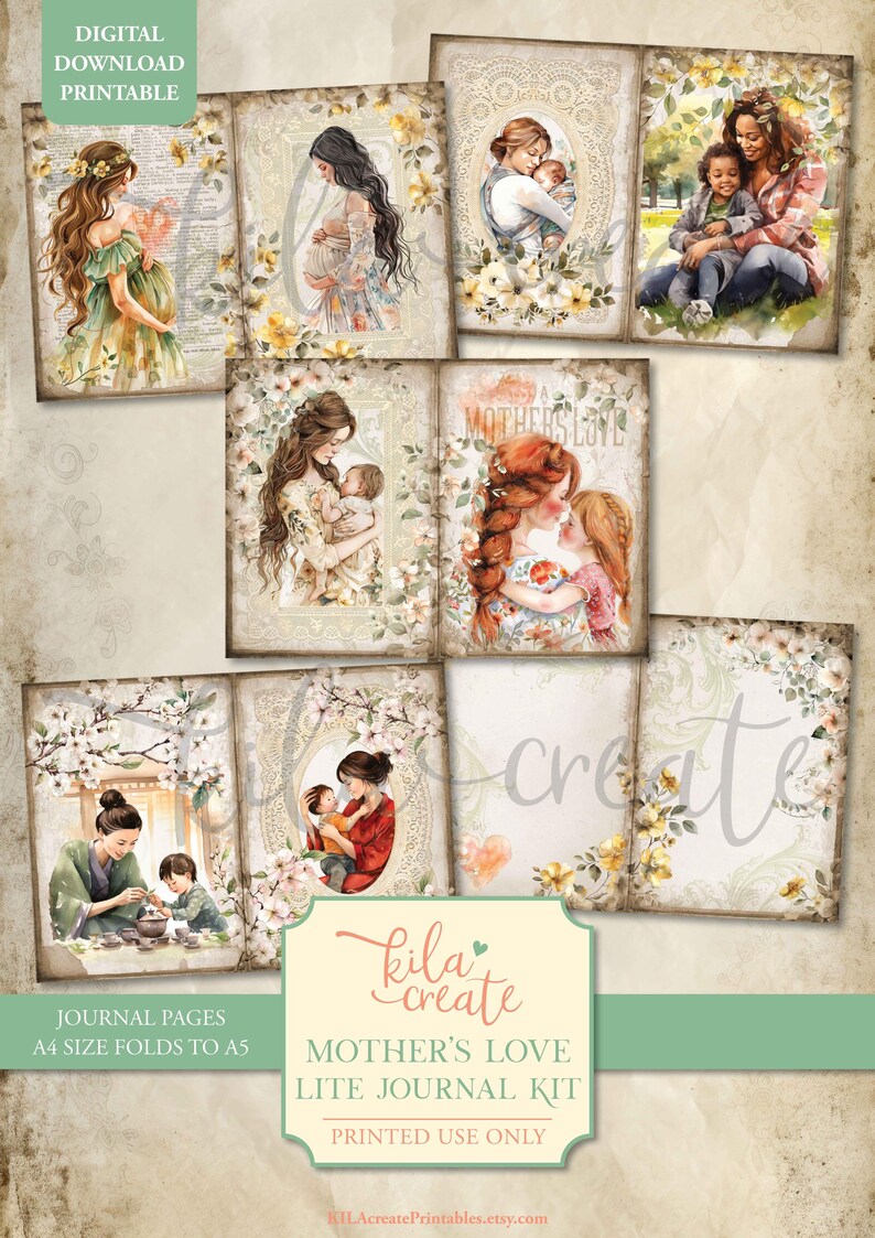 Peut inclure: Kit de journal num&eacute;rique imprimable avec des illustrations &agrave; l'aquarelle de m&egrave;res et d'enfants. Le kit comprend divers motifs avec des accents floraux et le texte "Mother's Love". Les pages du journal se plient de A4 &agrave; A5.