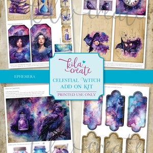 May include: Printable digital paper pack with a celestial witch theme. Includes images of a witch, a raven, a jar with stars, a clock, and a library card. The paper pack is for printed use only.