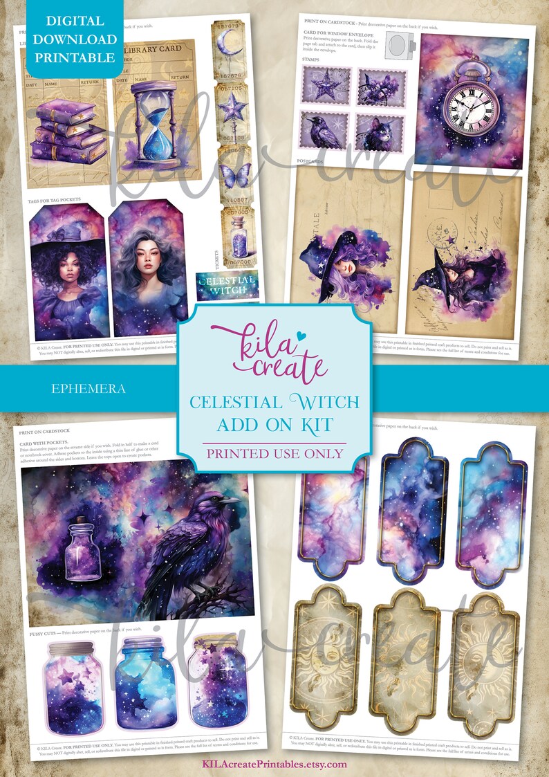 May include: Printable digital paper pack with a celestial witch theme. Includes images of a witch, a raven, a jar with stars, a clock, and a library card. The paper pack is for printed use only.