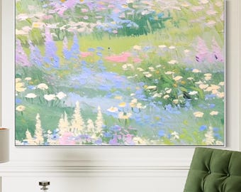 S Impressionist Pastel Wildflower Meadow Painting, Soft Floral Landscape Wall Art, Cottagecore Living Room Decor