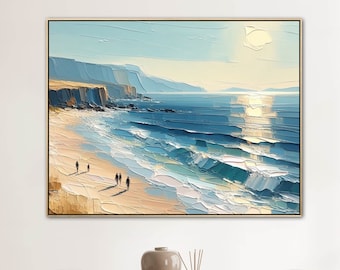 Übergroßes Blue Skye Beach Ocean Gemälde auf Leinwand, Original Küstenkunstwerk, handgemalte strukturierte Wandkunst, lebendiges Palettenmesser Kunstwerk