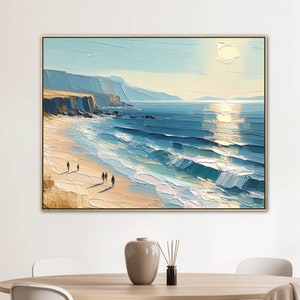 Übergroßes Blue Skye Beach Ocean Gemälde auf Leinwand, Original Küstenkunstwerk, handgemalte strukturierte Wandkunst, lebendiges Palettenmesser Kunstwerk Bild 1