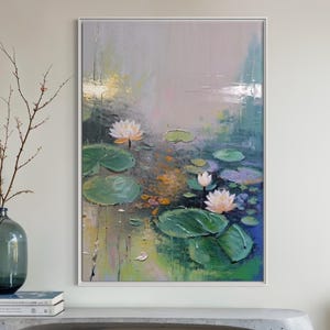 Abstract Water Lily Oil Painting, White Lily Pads on Blue Pond Art, Simple White Lotus and Green Pond Canvas Artwork, Contemporary Decor