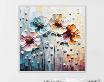 3D Blumen Malerei Strukturierte Wandkunst Quadratische Leinwand Kunst Lebendige Bunte Blumenmalerei Wohnzimmer Wanddekor Natur Inspirierte Wanddekoration