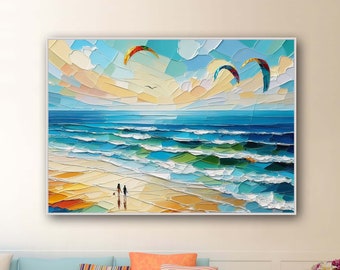 Beach Kite Surfing Gemälde auf Leinwand, Original Küsten Paar Kunstwerk, Handgemalte Strukturierte Ozean Wandkunst, lebendige Palettenmesser Kunst