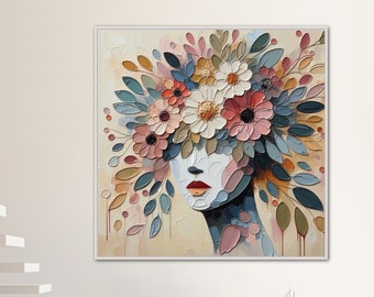 Benutzerdefinierte Original Dame mit Blumen Gemälde, Dicke Strukturierte Moderne Bunte Wandkunst, Lebendige Abstrakte Leinwand Kunst, Große Personalisierte Kunst