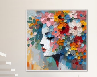 Hübsche Dame mit Blumen Malerei, Dicke Strukturierte Moderne Porträt Bunte Wandkunst, Lebendige Abstrakte Leinwand Wandkunst, Große Personalisierte Kunst