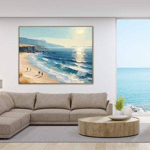 Übergroßes Blue Skye Beach Ocean Gemälde auf Leinwand, Original Küstenkunstwerk, handgemalte strukturierte Wandkunst, lebendiges Palettenmesser Kunstwerk Bild 3