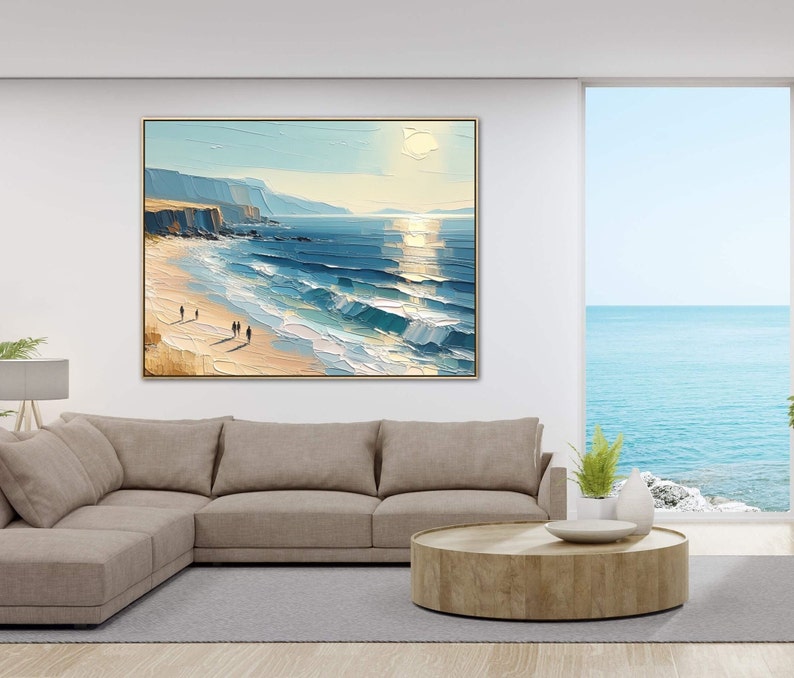 Übergroßes Blue Skye Beach Ocean Gemälde auf Leinwand, Original Küstenkunstwerk, handgemalte strukturierte Wandkunst, lebendiges Palettenmesser Kunstwerk Bild 3