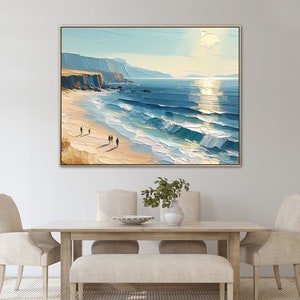 Übergroßes Blue Skye Beach Ocean Gemälde auf Leinwand, Original Küstenkunstwerk, handgemalte strukturierte Wandkunst, lebendiges Palettenmesser Kunstwerk Bild 7