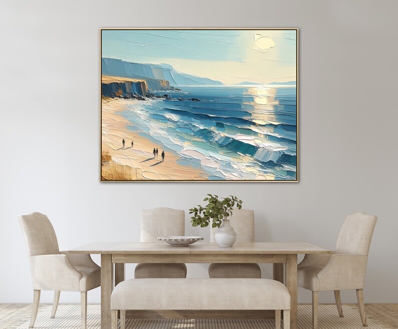 Übergroßes Blue Skye Beach Ocean Gemälde auf Leinwand, Original Küstenkunstwerk, handgemalte strukturierte Wandkunst, lebendiges Palettenmesser Kunstwerk Bild 7