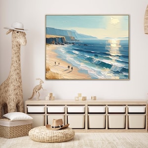 Übergroßes Blue Skye Beach Ocean Gemälde auf Leinwand, Original Küstenkunstwerk, handgemalte strukturierte Wandkunst, lebendiges Palettenmesser Kunstwerk Bild 4