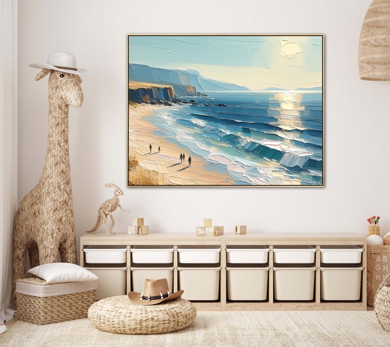 Übergroßes Blue Skye Beach Ocean Gemälde auf Leinwand, Original Küstenkunstwerk, handgemalte strukturierte Wandkunst, lebendiges Palettenmesser Kunstwerk Bild 4