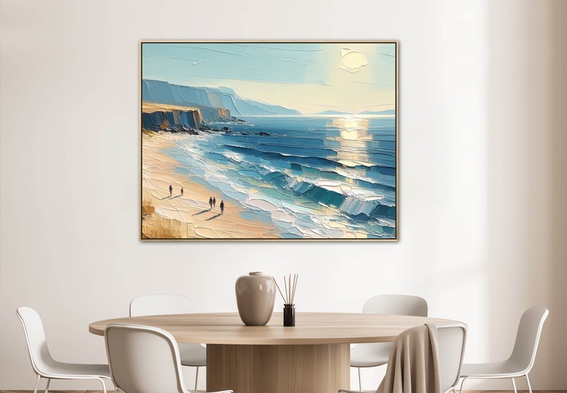 Übergroßes Blue Skye Beach Ocean Gemälde auf Leinwand, Original Küstenkunstwerk, handgemalte strukturierte Wandkunst, lebendiges Palettenmesser Kunstwerk Bild 1