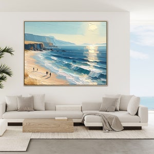 Übergroßes Blue Skye Beach Ocean Gemälde auf Leinwand, Original Küstenkunstwerk, handgemalte strukturierte Wandkunst, lebendiges Palettenmesser Kunstwerk Bild 2