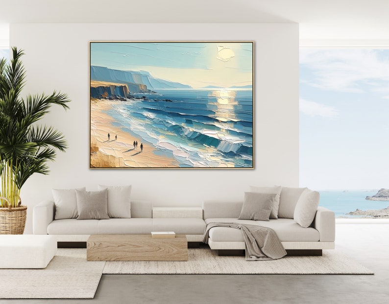 Übergroßes Blue Skye Beach Ocean Gemälde auf Leinwand, Original Küstenkunstwerk, handgemalte strukturierte Wandkunst, lebendiges Palettenmesser Kunstwerk Bild 2