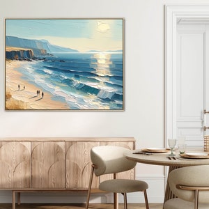 Übergroßes Blue Skye Beach Ocean Gemälde auf Leinwand, Original Küstenkunstwerk, handgemalte strukturierte Wandkunst, lebendiges Palettenmesser Kunstwerk Bild 5