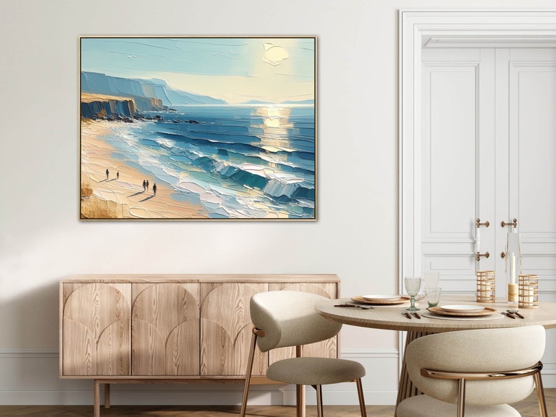Übergroßes Blue Skye Beach Ocean Gemälde auf Leinwand, Original Küstenkunstwerk, handgemalte strukturierte Wandkunst, lebendiges Palettenmesser Kunstwerk Bild 5