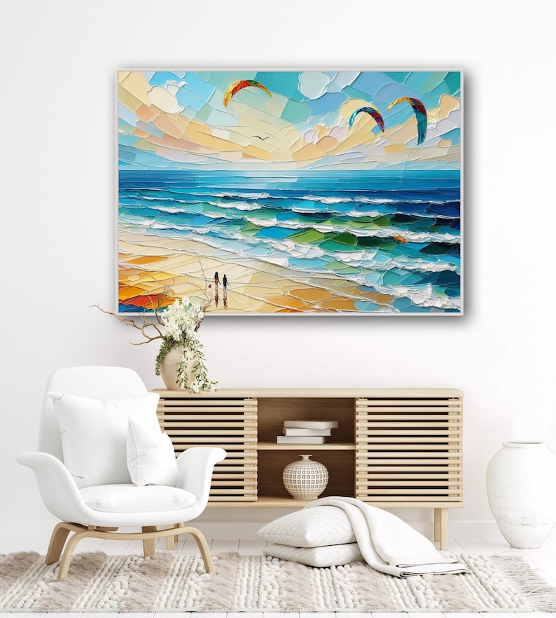 Beach Kite Surfing Painting on Canvas, Original Coastal Couple Artwork