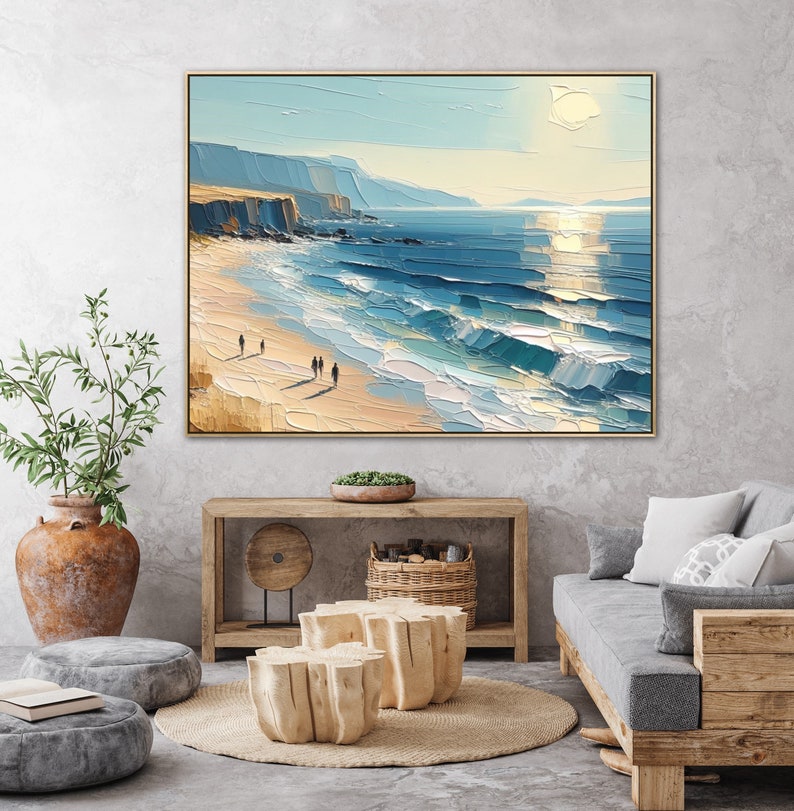 Übergroßes Blue Skye Beach Ocean Gemälde auf Leinwand, Original Küstenkunstwerk, handgemalte strukturierte Wandkunst, lebendiges Palettenmesser Kunstwerk Bild 6