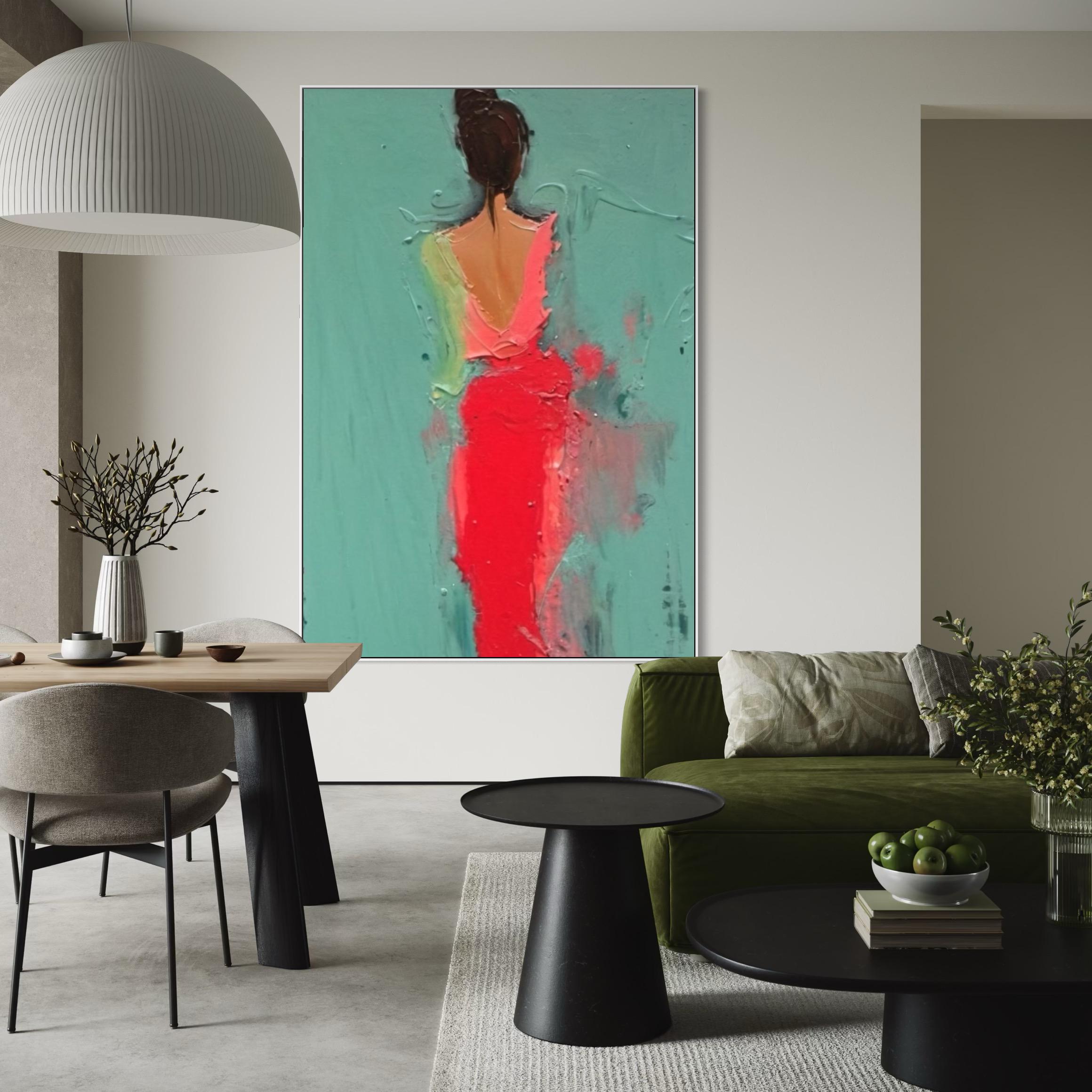 Custom Woman Portrait Painting, Red Dress Back View, Abstract Wall Art ...