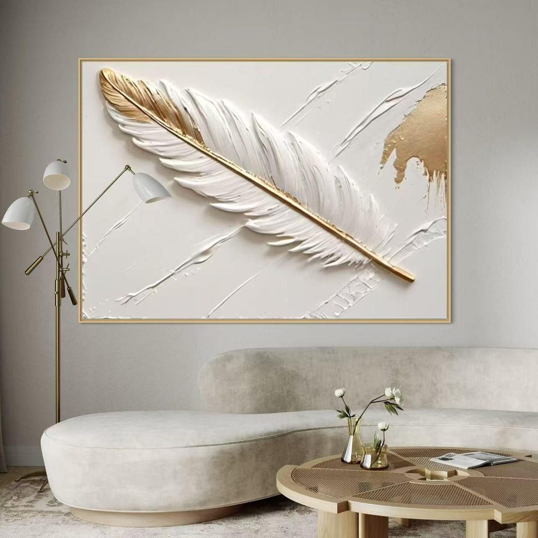 Hand-painted 3D White Feather Wall Art, Gold Leaf Accents Painting ...