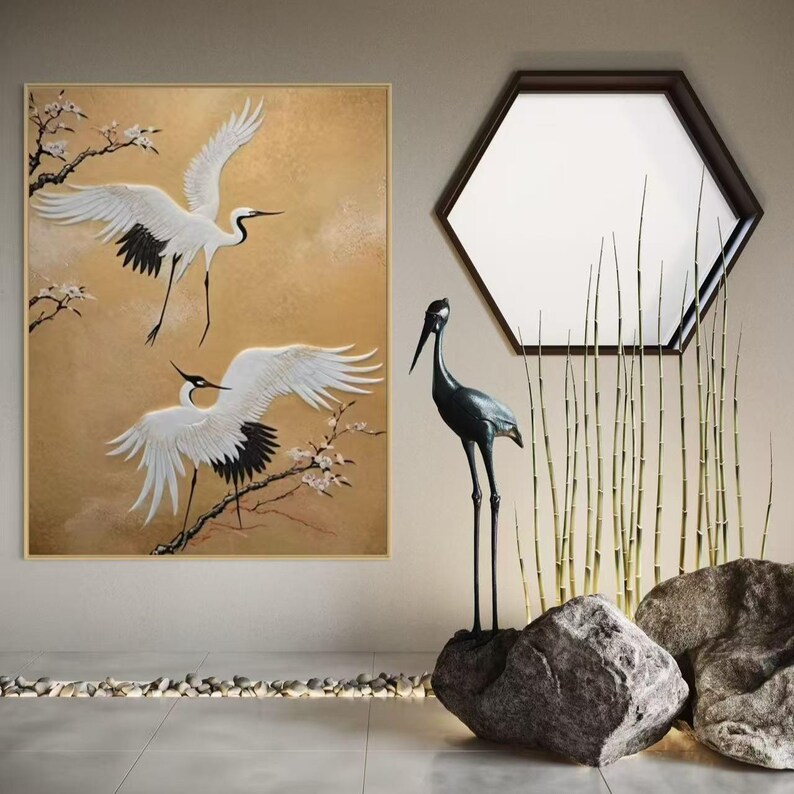 Gold White Flying Cranes Painting, Chinese Style Canvas, Japandi ...