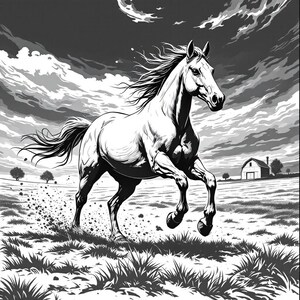 Puede incluir: Ilustración en blanco y negro de un caballo galopando por un campo. La crin y la cola del caballo ondean al viento. Un granero y árboles se encuentran en el fondo bajo un cielo nublado.