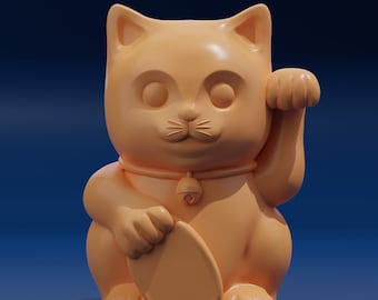 May include: A peach-colored ceramic figurine of a cat with a bell around its neck. The cat is sitting with its right paw raised and holding a round object in its left paw.