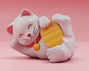May include: A white ceramic lucky cat figurine with a red collar and a gold bell. The cat is holding a gold coin in its paw and has its eyes closed.