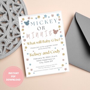 Disney Gender Reveal Invitation Mickey Minnie Gender Reveal Cute Baby Shower Disney Gender Reveal Invitation Digital Editable Template Canva