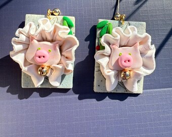 Orecchini a forma di maialino fatti a mano – Gioielli kawaii in pasta polimerica