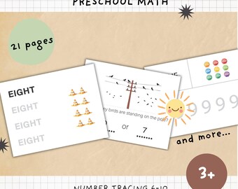 May include: A preschool math learning set with the text "Preschool Math" and "Number Tracing 6-10". The set includes pages with numbers, counting exercises, and tracing activities. The image also shows a sun illustration and the text "3+".