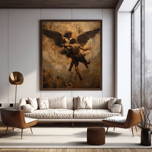 Könnte beinhalten: Ein Gemälde, das zwei geflügelte Figuren zeigt, von denen eine die andere trägt. Die Figuren sind in einer dramatischen Pose vor einem Hintergrund aus Wolken und Himmel dargestellt. Das Gemälde ist in einem dunklen Holzrahmen gerahmt.