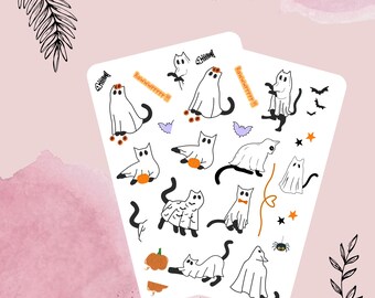 Ghost Cat Halloween Sticker Sheet | Spooky Stickers with Bats, Pumpkins Cats & Stars | Planner, Journal and Scrapbook | Trick or Treat