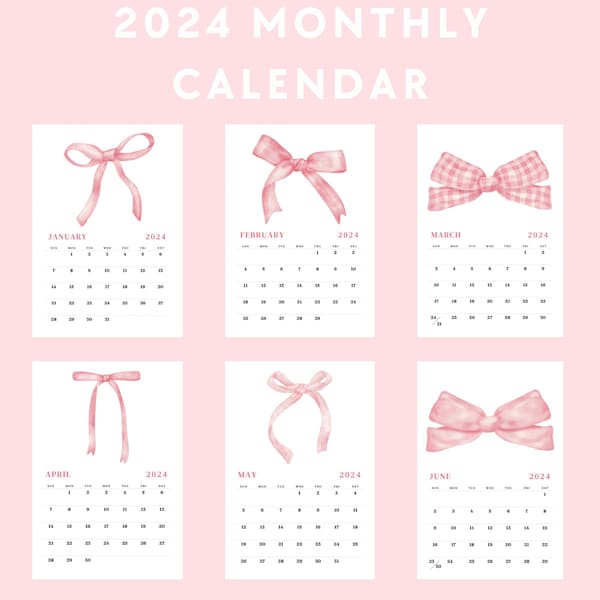 Pink Bow Monthly Calendar l Coquette Room Decor l Bow Room Decor l 2024 Monthly Calendar l Printable Monthly Calendar l Monthly Calendar
