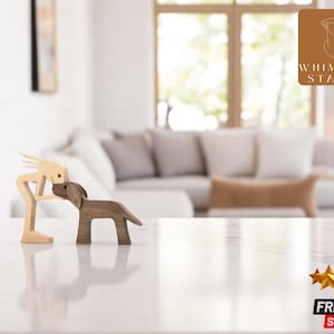 Wooden Dog and Human Figurine | Cute Pet Lover Gift | Minimalist Wood Sculpture | Home Shelf Decoration | Animal Art Ornament