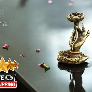 Vintage Brass Hand Holding Lotus Flower | Unique Incense Stick Holder | Handcrafted Metal Art | Elegant Aromatherapy Decor