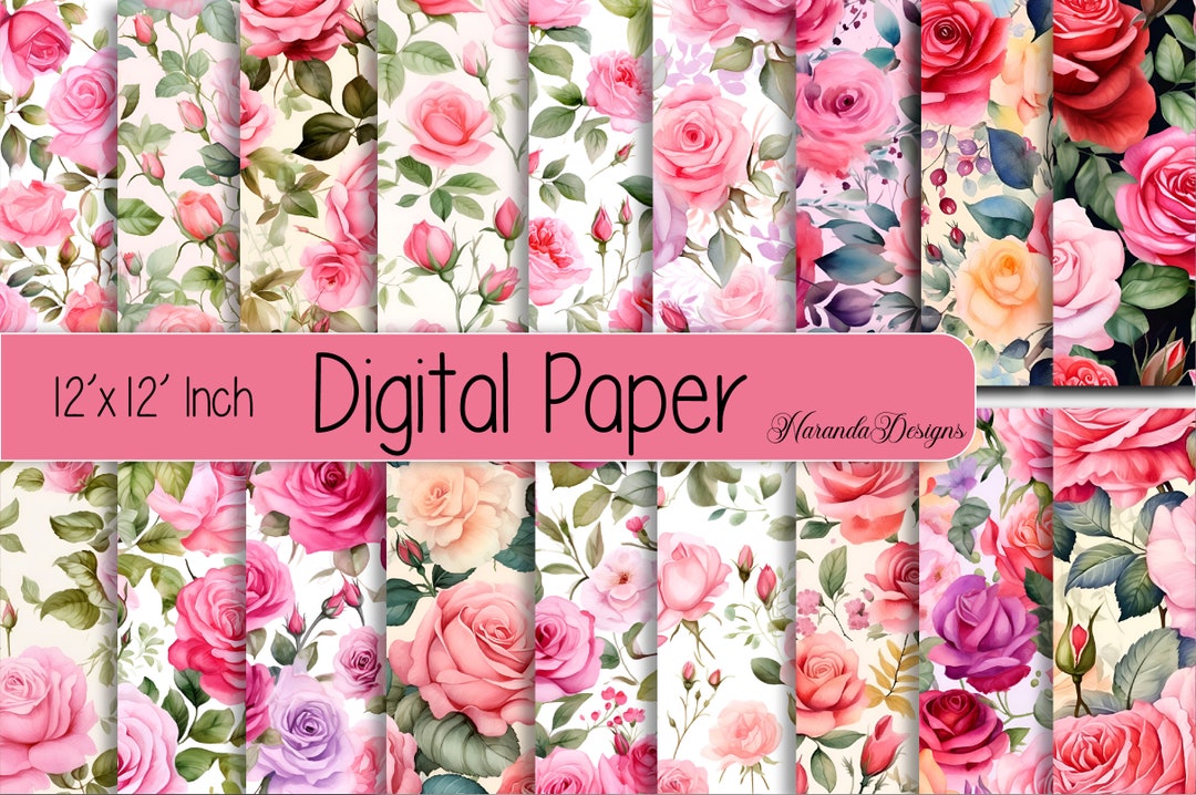 Design Paper Sheets Roses Shabby Chic Roses Pink Digital Paper, Shabby Chic Paper Pack, Roses ...