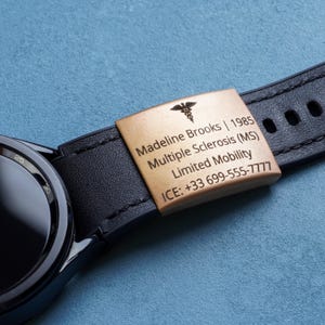 Etiqueta de identificación médica personalizada para correa de reloj: nombre personalizado e información sobre alergias, etiqueta de identificación de seguridad médica, identificación médica de emergencia