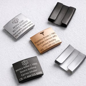 Etiqueta de alerta médica personalizada para Apple Watch | Placa de seguridad grabada con contactos de emergencia, etiqueta de alerta médica para smartwatch, alergia