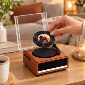 May include: A square, brown, portable speaker designed to resemble a miniature record player with a clear plastic lid. A small, black, circular disc featuring a photograph of a couple at sunset is being placed onto the central turntable.