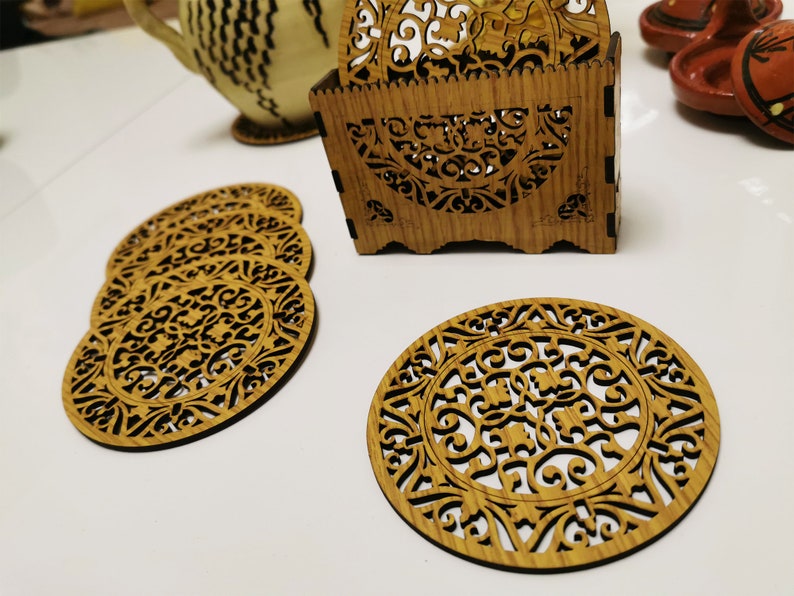 6 wooden coasters with support, Mom gift l Housewarming gift l Mosaic pattern decors of Fez, Andalusian, Persian image 3